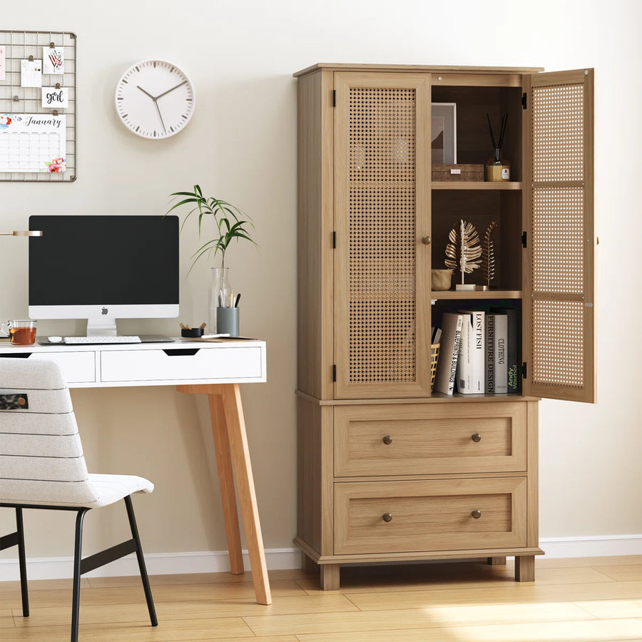 Marovia Modern Tall Rattan Accent Cabinet with 2 Drawers, image 6