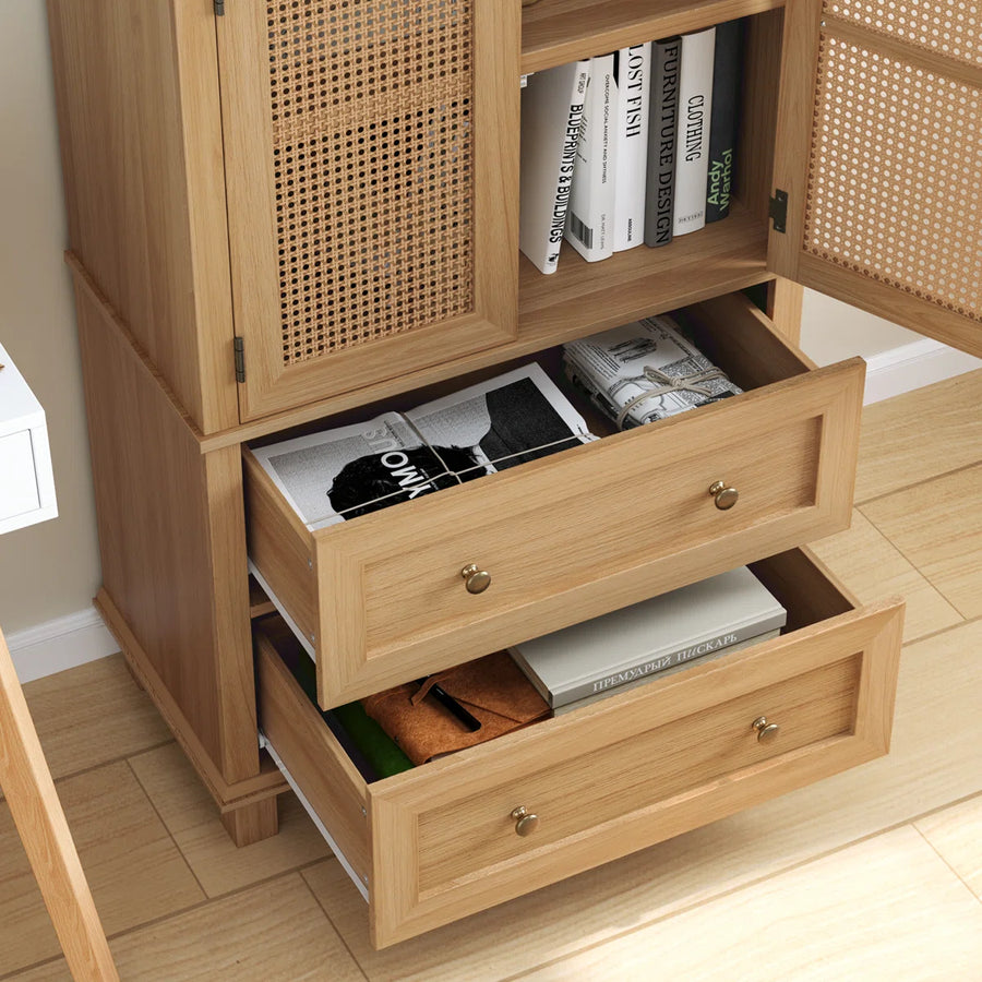 Marovia Modern Tall Rattan Accent Cabinet with 2 Drawers, image 10