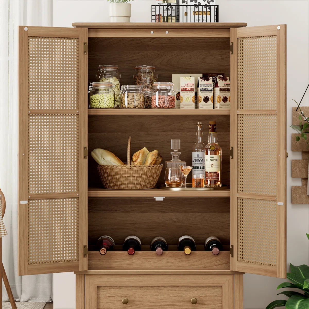 Marovia Modern Tall Rattan Accent Cabinet with 2 Drawers, image 11