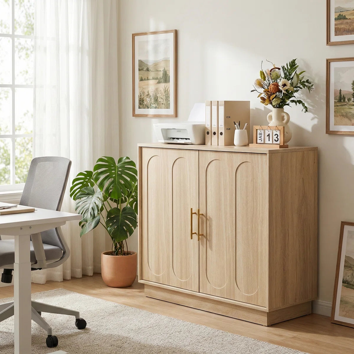 Cavira Modern Fluted 2-Door Accent Cabinet with Gold Accents