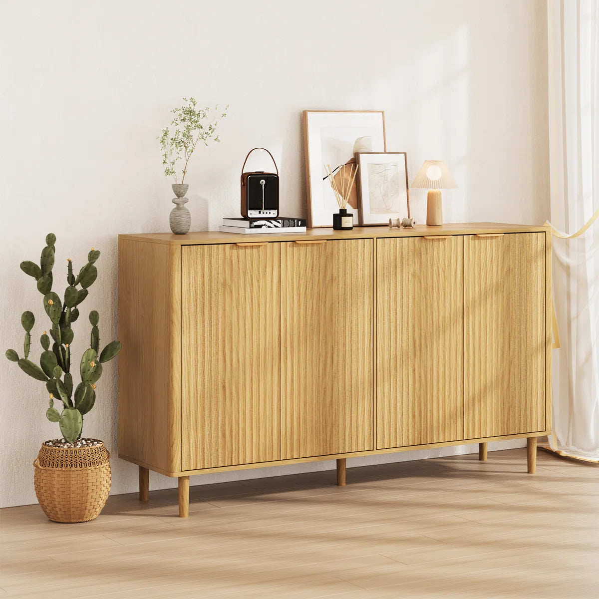 Solviera Modern Ripple-Door Sideboard with Gold Handles & Shelves