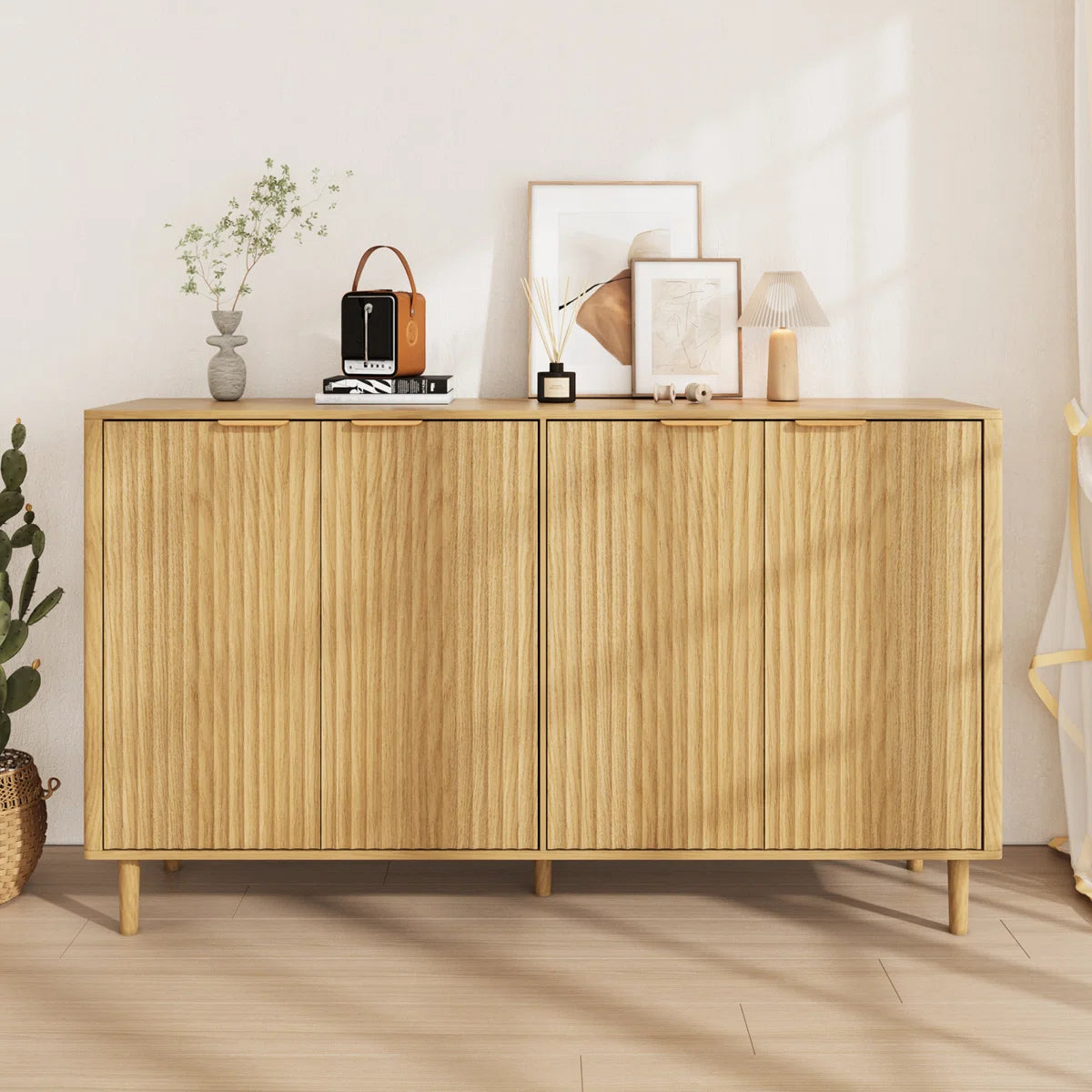 Solviera Modern Ripple-Door Sideboard with Gold Handles & Shelves, image 4