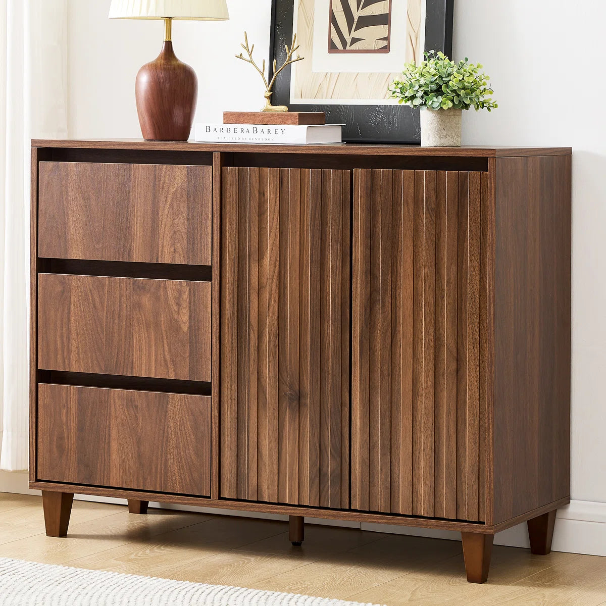 Ravelle Modern Fluted 3-Drawer Sideboard with Adjustable Shelf