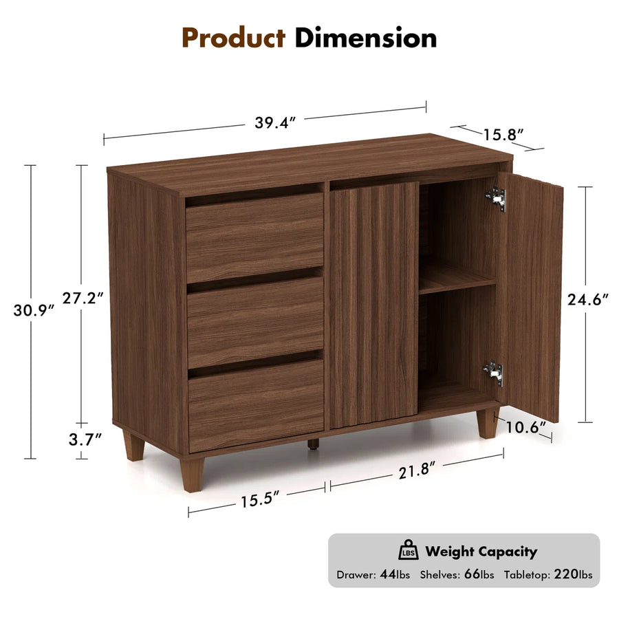 Ravelle Modern Fluted 3-Drawer Sideboard with Adjustable Shelf, image 3