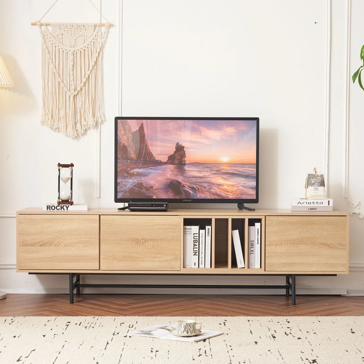 Neravio 74.8" Modern Light Wood TV Stand with Storage, image 2