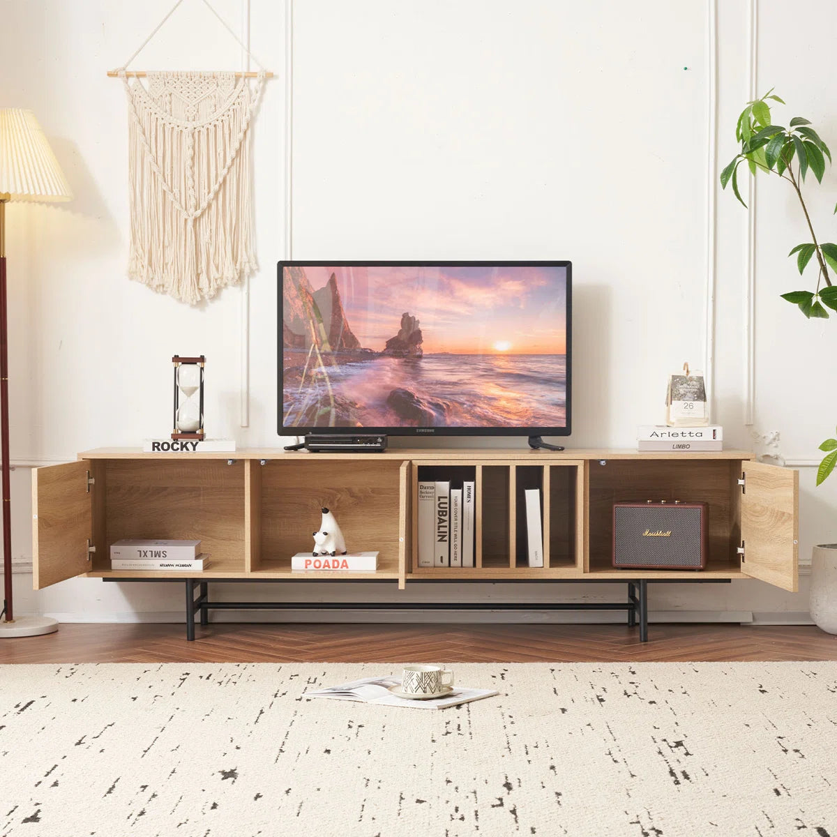 Neravio 74.8" Modern Light Wood TV Stand with Storage, image 3