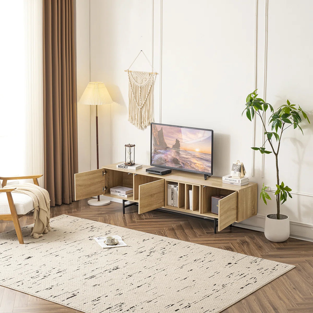 Neravio 74.8" Modern Light Wood TV Stand with Storage, image 15