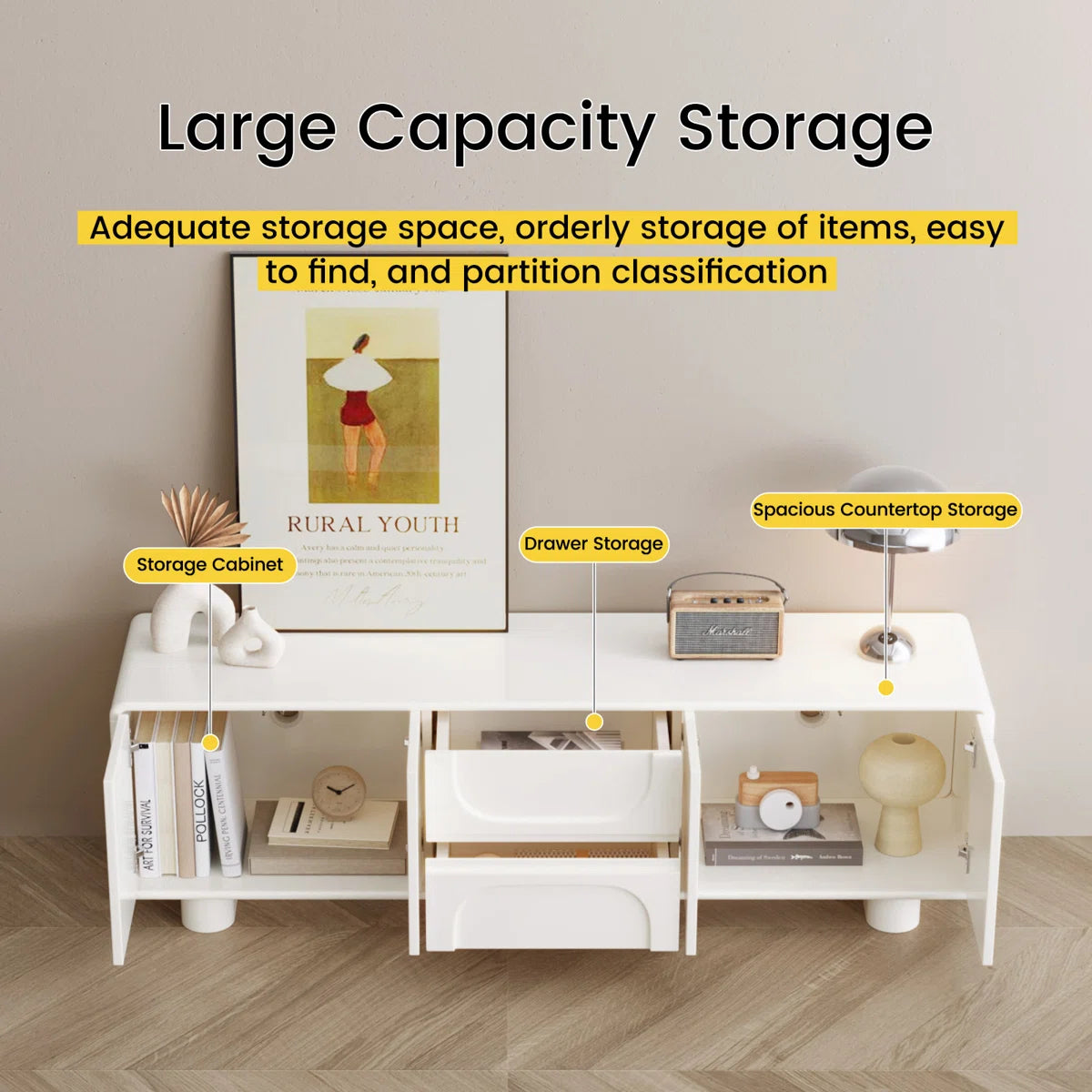 Modern Cream White TV Stand for up to 65" TVs,Entertainment Center for Living Room, image 9