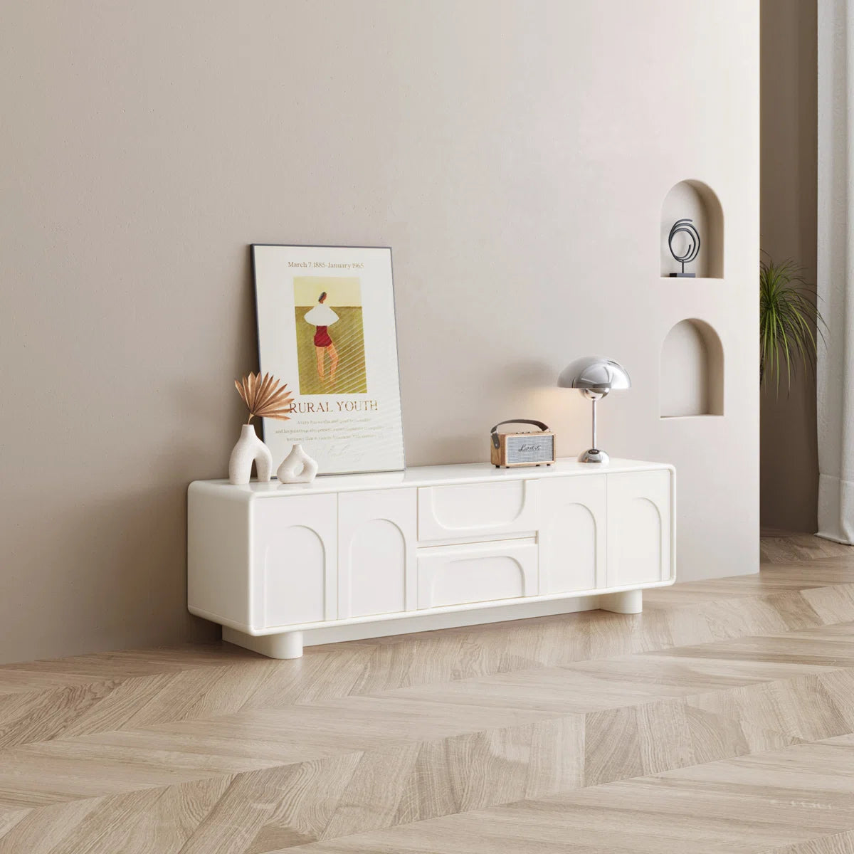 Modern Cream White TV Stand for up to 65" TVs,Entertainment Center for Living Room, image 2