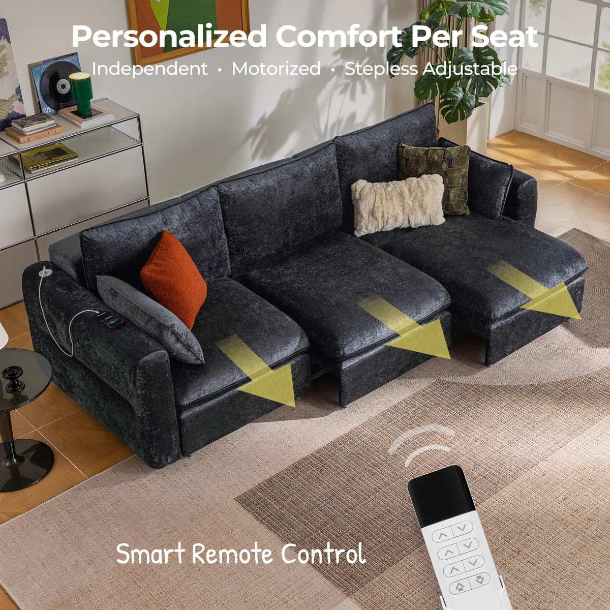 Glide Power Recliner Sofa Bed | 3-Seater Black Motorized Sofa, image 8