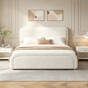 Elaris Bouclé Upholstered Queen Bed with Curved Headboard, image 2
