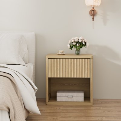 Bed Edge Modern Wooden Nightstand with Wave Panel Drawer & Open Shelf, image 2