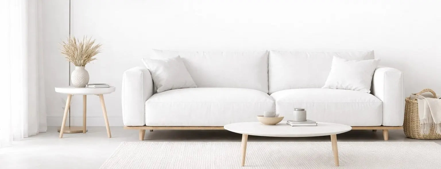 A finished Innovative Homesi sofa and coffee table in a bright living room