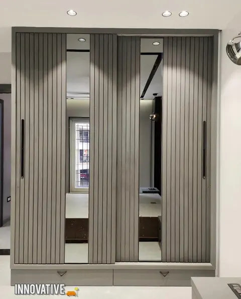 Grey fluted wardrobe with mirror panels and slim handles