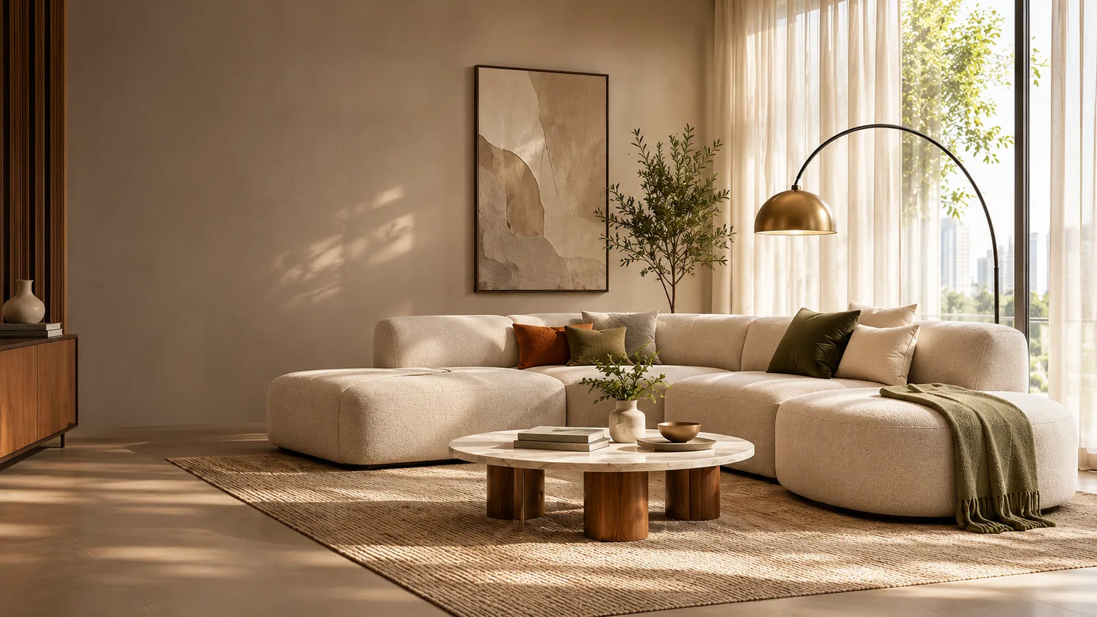 Cream sectional with a marble-top coffee table, brass arc floor lamp and sheer curtains
