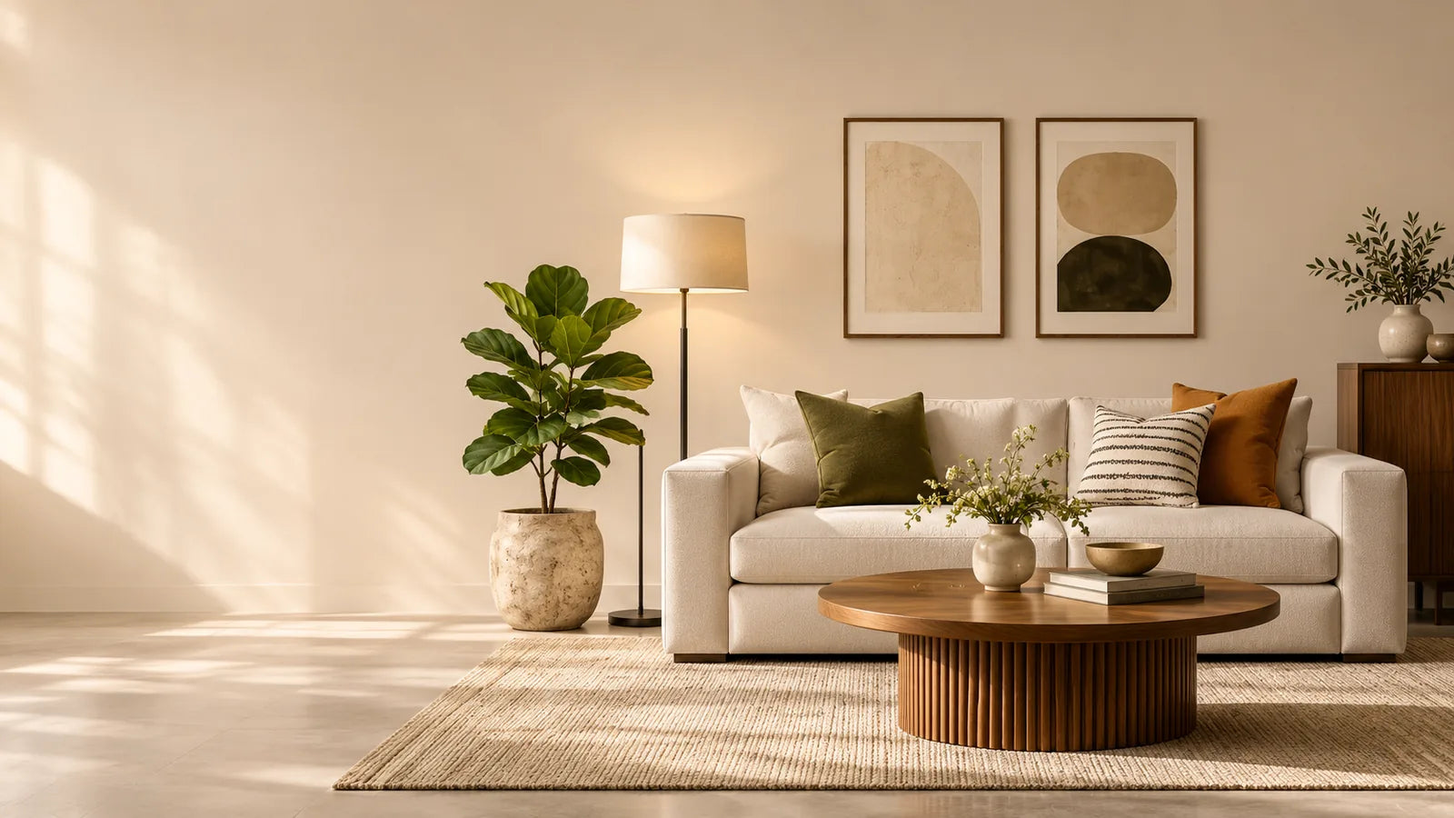 Cream three-seater sofa with olive and rust cushions, a round walnut coffee table and framed abstract art