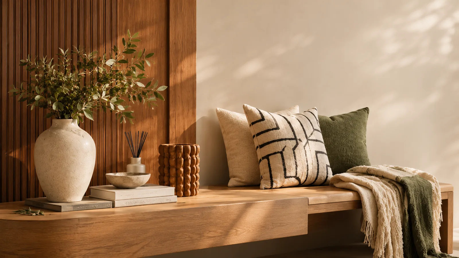 Warm-lit oak bench styled with a ceramic vase, patterned cushions and a knitted throw