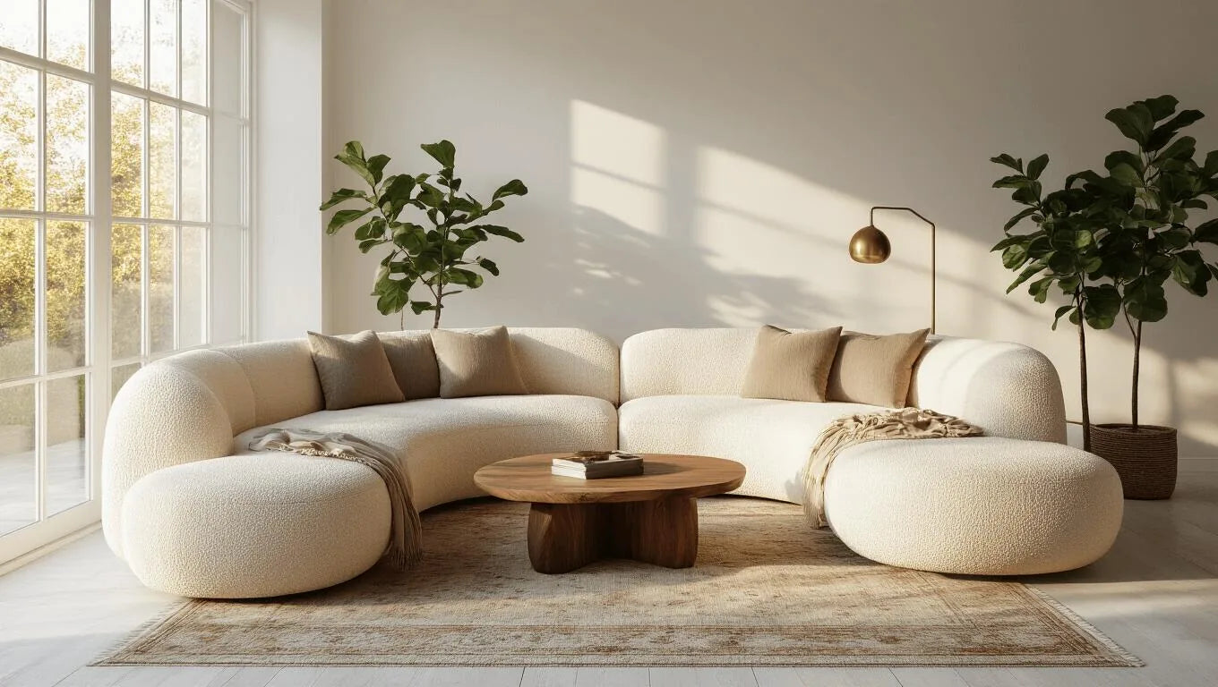 Curved cream boucle sectional around a wooden coffee table in a bright living room with fiddle-leaf figs