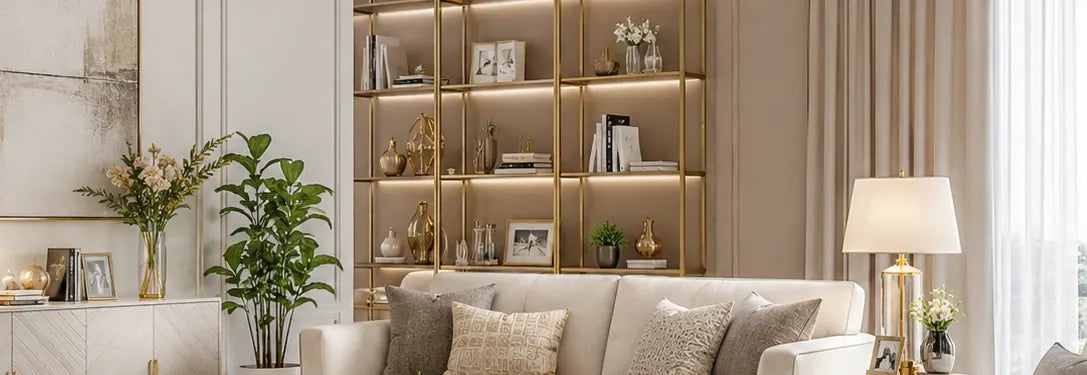 Living room with a cream sofa, a round coffee table and lit shelves