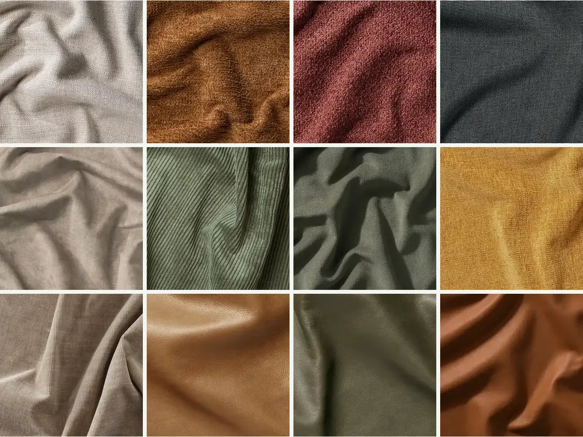 A grid of fabric and leather swatches in different colours and textures