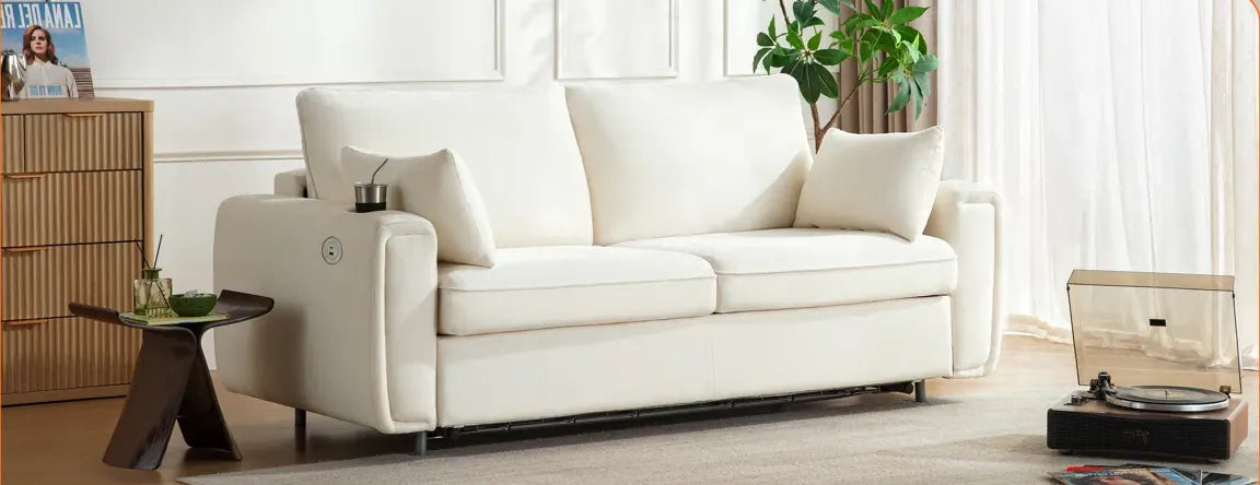 Cream sofa bed set up as a sofa